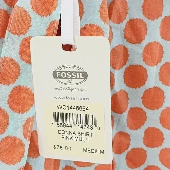 NWT Fossil orange polka dot button down long sleeve tie neck women's shirt M - Picture 5 of 8
